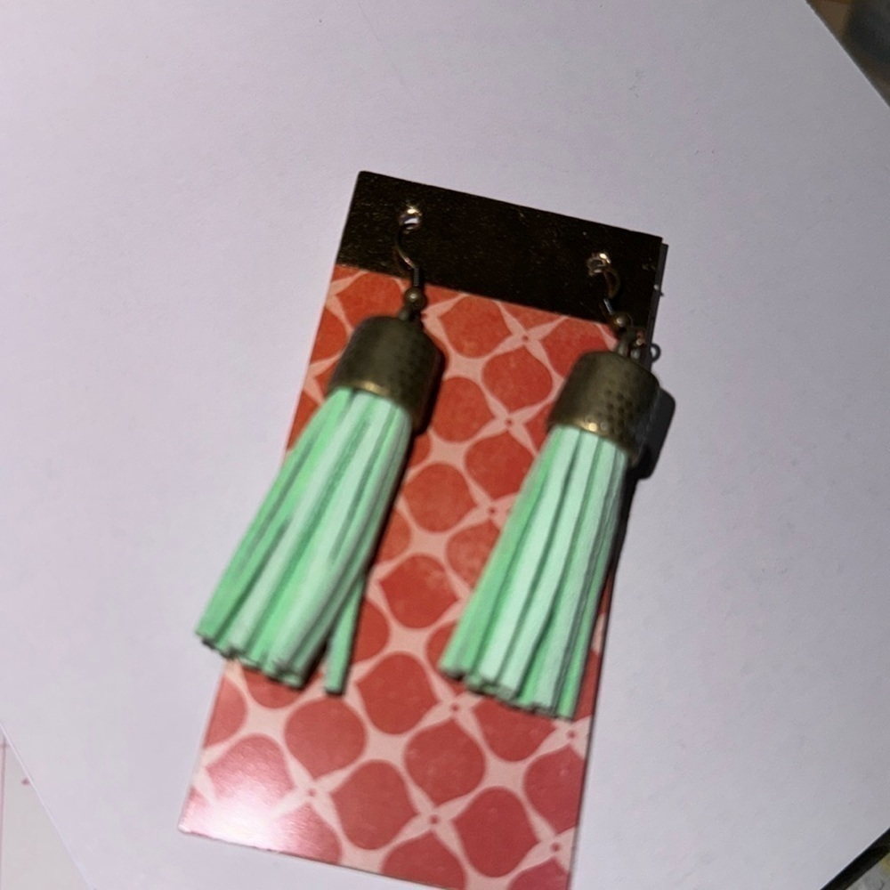Mint tassel earrings brass vintage patina finish faux green suede dangle‎ NEW